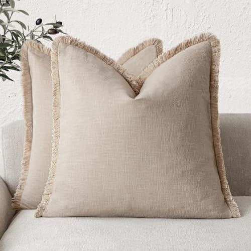Decorative Linen Fringe Throw Pillow Covers 22×22 Inch (2 Count)