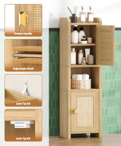 9.8''W Rattan Small Bathroom Storage Cabinet 2 Doors Oak