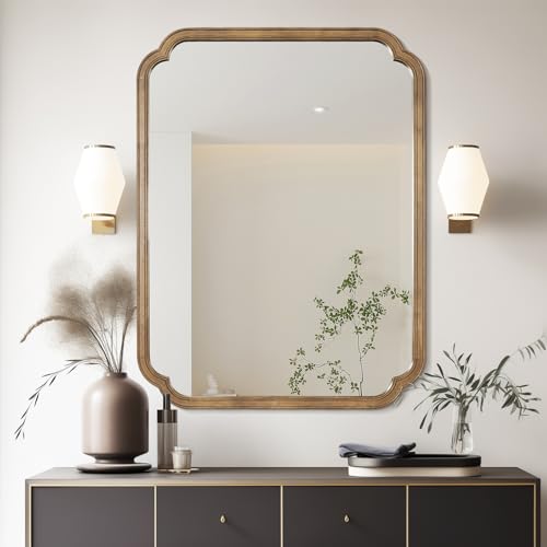 28" x 40" Rounded Corner Arch Wall Mirror with Wood Frame for Entryway