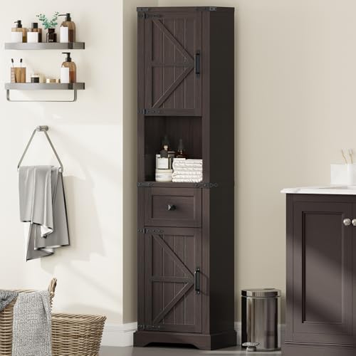 66" Tall Farmhouse Bathroom Storage Cabinet with Barn Door
