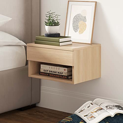 Jackson Wall Mounted Floating Bedroom Nightstand with Storage Drawer and Modern Open Shelf Cubby