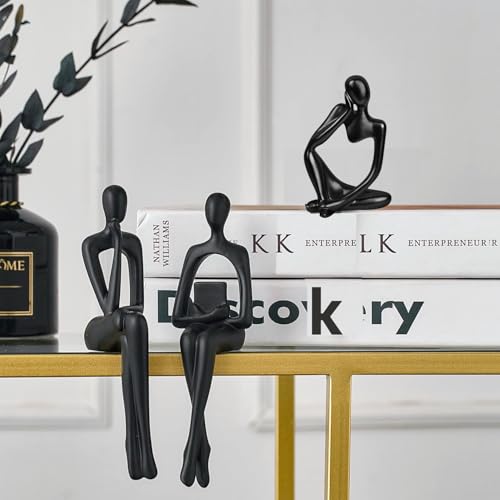 Abstract Small Black Reading Thinker Statue for Book Shelf Office (3 Count)