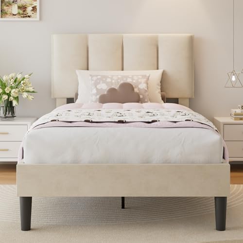 Twin Size Bed Frame with Upholstered Headboard