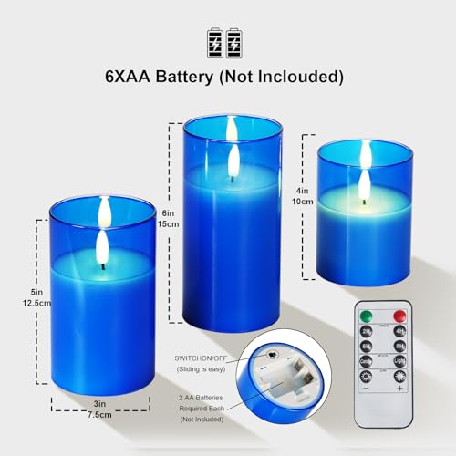 Blue Glass Flameless LED Candles Battery Operated with Remote Timer (3 Count)