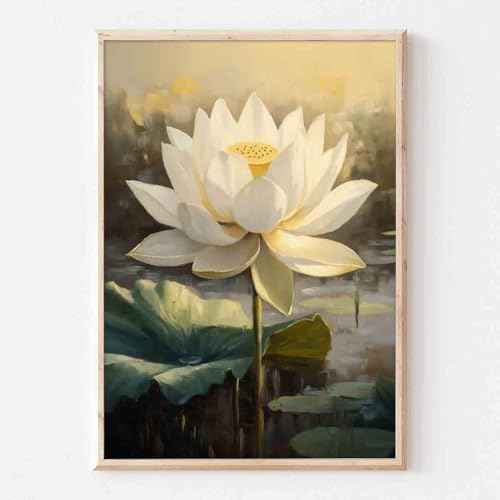 Lotus Flower Poster Summer Flower Picture Zen Lotus Pond Painting Water Lily Poster Green Plants Paintings Zen Canvas Botanical Art Print Vintage Floral Wall Art Modern Room Decor 16x24inch No Frame