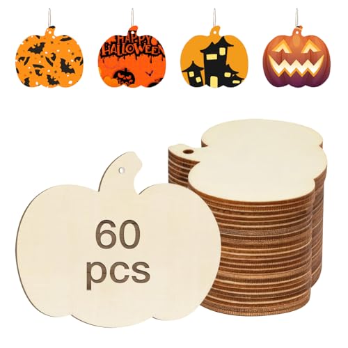 60 Pcs Pumpkin Wooden Cutouts Thanksgiving Unfinished Wood Crafts Pumpkin Wooden Pumpkins Ornaments to Paint Decorations DIY Blank Fall Pumpkin Shapes Discs Halloween 3.9x3.5 Inch (63 Count)