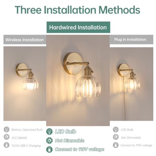 Vintage Wall Sconces Set of 2 with Transparent Tulip Glass Lampshade 180 Degree Adjustable Brass Sconces Hradwired Modern Wall Lighting Fixture with Switch for Bedside Bedroom Doorway (2 Count)