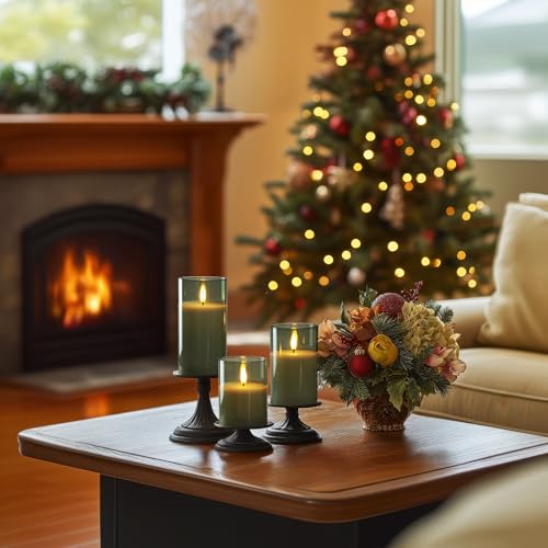 Green Glass Flameless LED Candles Battery Operated with Remote Timer (3 Count)
