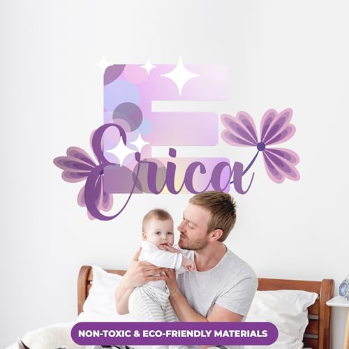 Custom Stickers Name & Initial Wall Decor with Purple Flower
