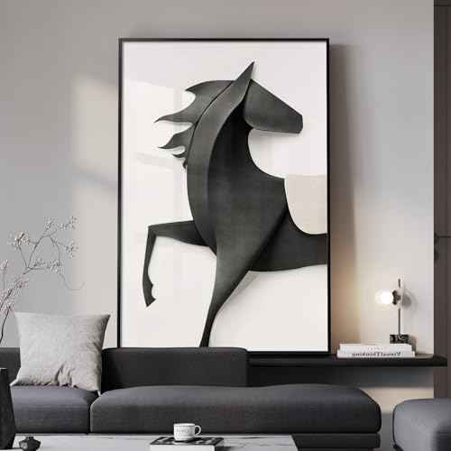 Large Framed Modern Black and White Horse Wall Art