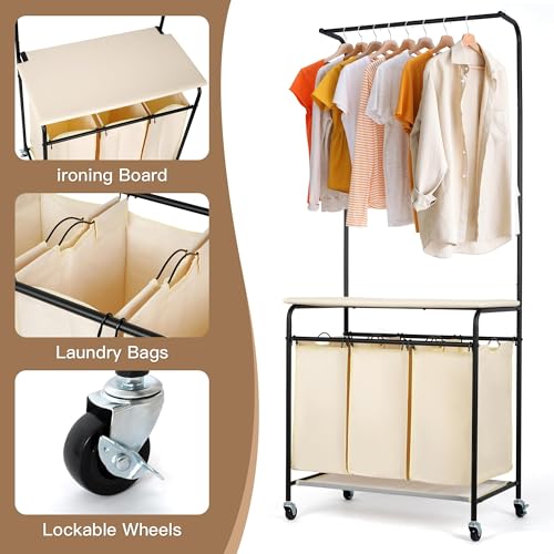 3 Section Laundry Sorter with Garment Hanging Bar Rack Foldable Ironing Board