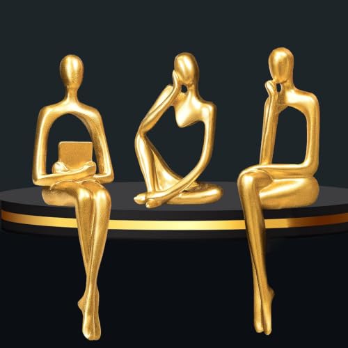 Abstract Gold Reading Thinker Statues for Book Shelf Office (3 Count)