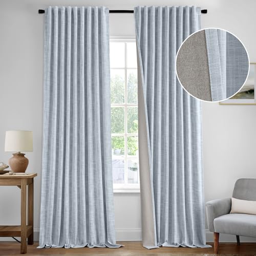 Light Blue 100% Blackout Linen Curtains 84 Inch 2 Panels Set Double Sided No Coating Pleated Back Tab Black Out Long Thermal Insulated Pinch Pleat Bedroom Living Room Darkening Window Drapes (2 Count)