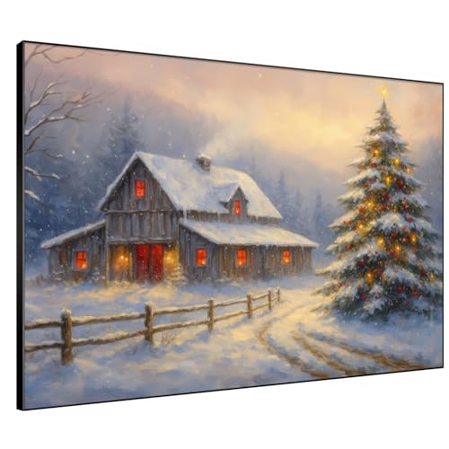 60"x72" Extra Large Framed Wall Art Rustic Winter Cabin with Christmas Tree and Snowy Landscape for Home Living Room Bedroom Decor