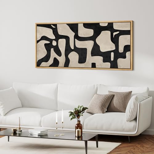 Extra Large Framed Canvas Print Wall Art Abstract Contours Black and White Illustrations Antique Retro Fine Art Illustrations Decorative Colorful for Bedroom