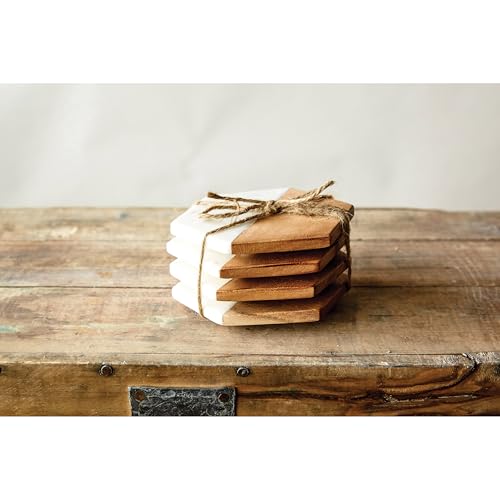 4 Piece Marble and Mango Wood Hexagon Coasters (4 Count)