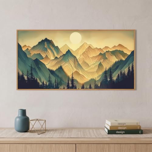 Boho Green Mountain Landscape Framed Canvas Wall Art Set