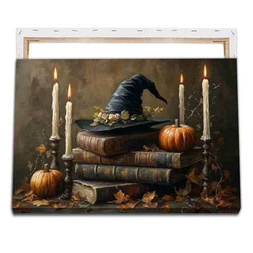 Witch Hat Wall Art Vintage Halloween Canvas Vintage Book Pictures Gothic Library Poster Dark Preppy Print Spooky Fall Painting Dark Academia Prints Moody Halloween Wall Art Decor 16x24inch Framed