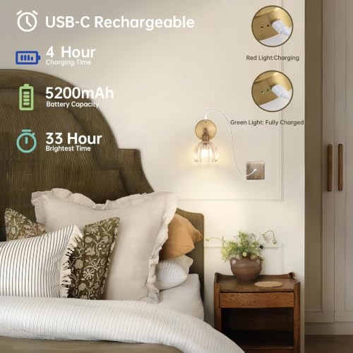Battery Operated Vintage Wall Sconces with Transparent Tulip Glass Lampshade Battery Powered Wall Lighting for Bedside Bedroom Doorway
