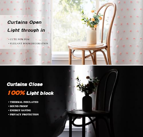 Total Blackout Curtains for Living Room 108 Inch Long 100% Light Blocking Curtains for Bedroom 2 Panels Set Privacy Protect Grommet 2 Layered Drapes with Pink Pom Pom Sheer 50W x 108L