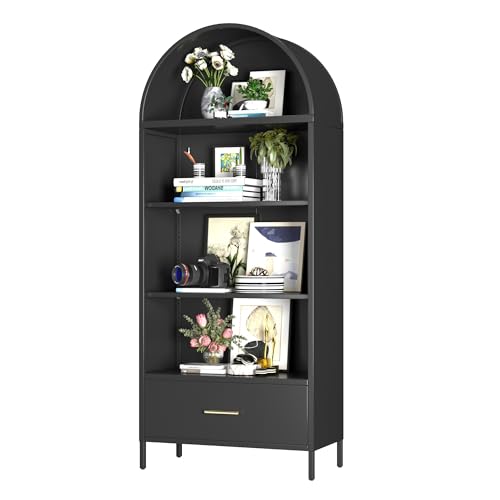 Metal Arched Bookcase with Drawer and 2 Adjustable Shelves