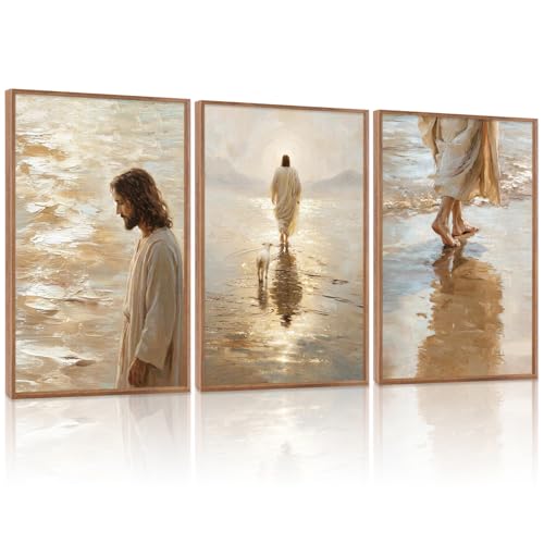 KAlRNE Large Jesus & Sheep Wall Art Christian Bible Decor Set (3 Count)