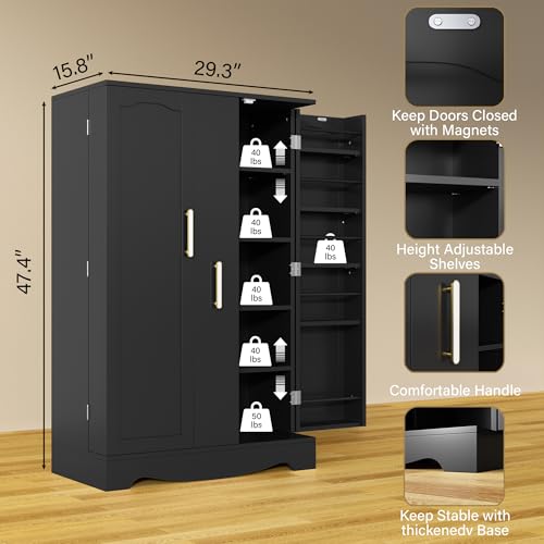 47“ Black Kitchen Pantry Cabinet with Pull