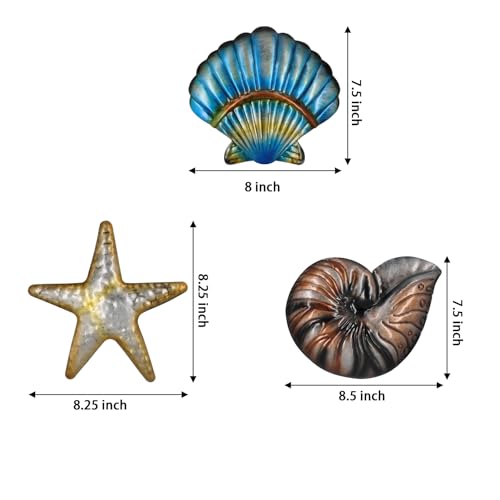 Metal Ocean Wall Sculptures Outdoor Metal Sea Star Conch Wall Art Decor Pool Garden Patio Bathroom Yard Farmhouse Fence Deck (3 Count)