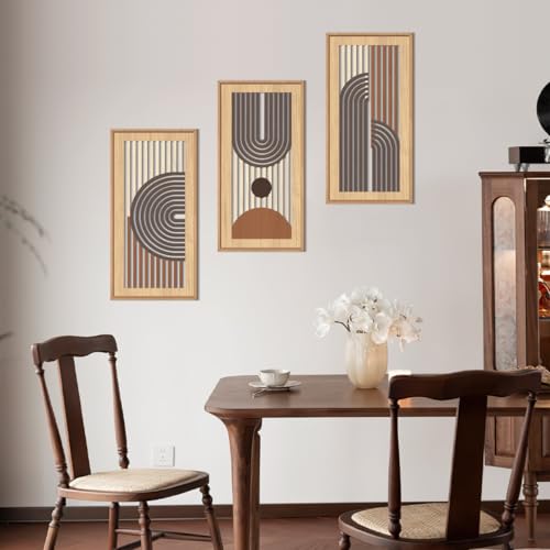 Mid Century Modern Boho Wooden Wall Art Framed 8x16 Inch Orange Abstract Bohemian Wood Wall Decor Set of 3 Minimalist Geometry Artwork for Living Room Bedroom Office
