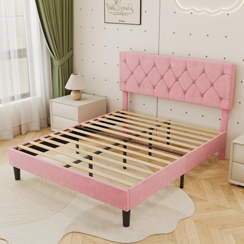 Full Size Bed Frame with Diamond Tufted Headboard