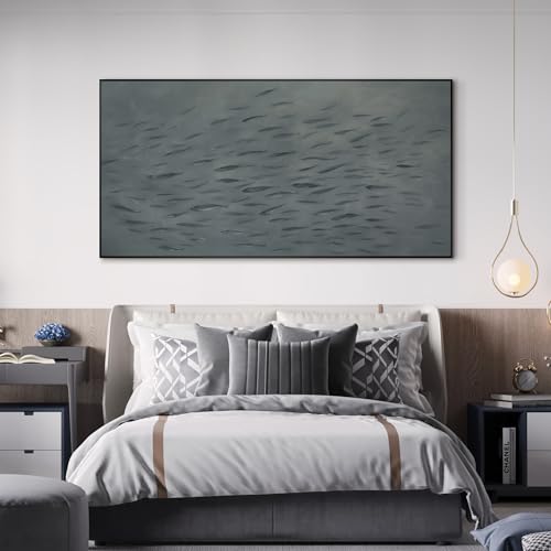 24"x46" Extra Large Framed Wall Art Gray School of Fish Minimalist Ocean