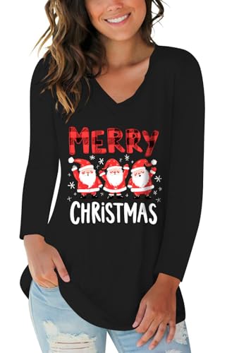 Christmas Graphic Tees Women V Neck Long Sleeve Xmas Top XXL