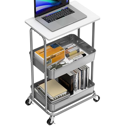 2 Tier Rolling Utility Cart Wood Top