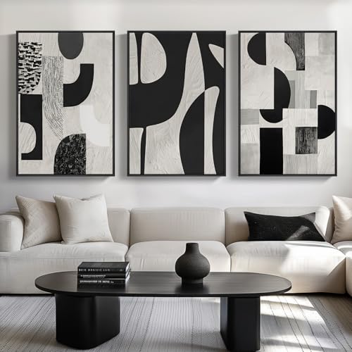 Large Framed Black and White Abstract Wall Art for Living Room (3 Count)