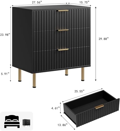Fluted Black 3 Drawer Dresser for Bedroom with Deep Drawers