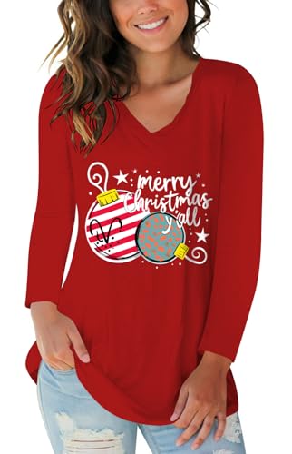 Womens Christmas Tops Long Sleeve Graphic Tee Loose Casual Fall Shirts Lightweight V Neck Pullover Red L
