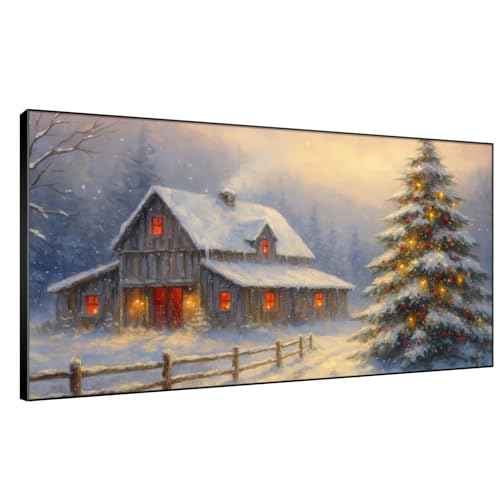 36"x72" Extra Large Framed Wall Art Rustic Winter Cabin with Christmas Tree and Snowy Landscape for Home Living Room Bedroom Decor