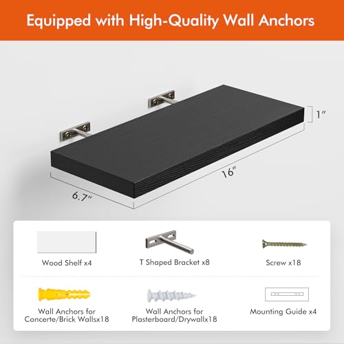 16’’Black Floating Shelves for Wall Set of 4 (4 Count)