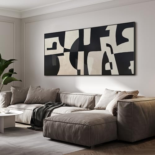 24"x46" Extra Large Framed Wall Art Black and White Abstract Geometric Design