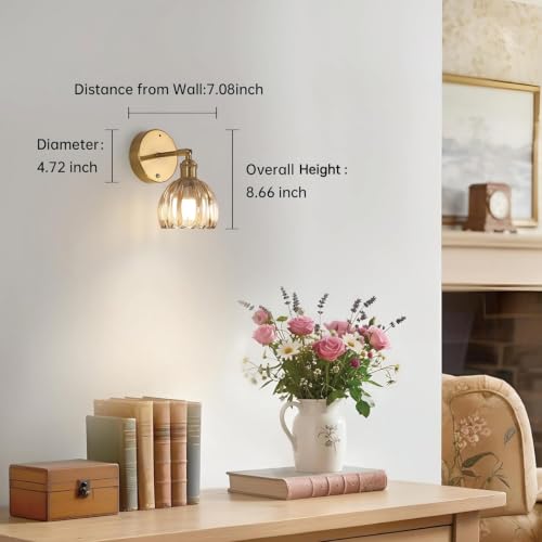 Battery Operated Vintage Wall Sconces with Amber Tulip Glass Lampshade Battery Powered Wall Lighting for Bedside Bedroom Doorway