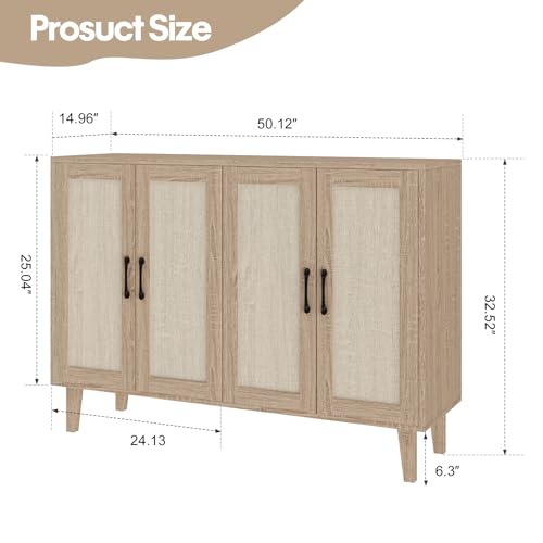 Buffet Storage Cabinet with Rattan Decorating 4 Doors Living Room Kitchen Sideboard 48.43 x 34.65 x 15 inch