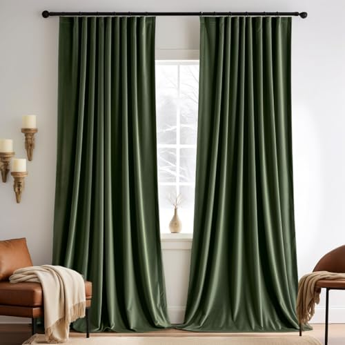 Olive Green Velvet Pinch Pleat Blackout Curtains W52 X L120 Inches (2 Count)