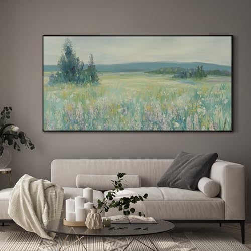 36"x72" Extra Large Framed Wall Art Wildflower Meadow Landscape Soft Pastel Nature Illustration for Home Living Room Bedroom Decor