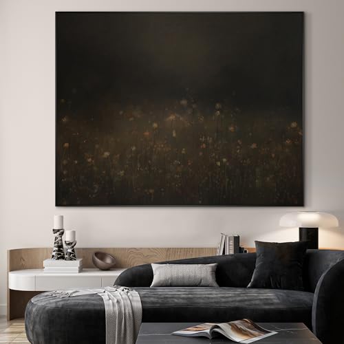 36"x46" Extra Large Framed Wall Art Dark Floral Meadow Moody Wildflower Field in Deep Earthy Tones Illustration for Home Living Room Bedroom Decor