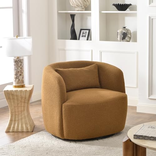 34" W Boucle Swivel Barrel Chair with Toss Pillow