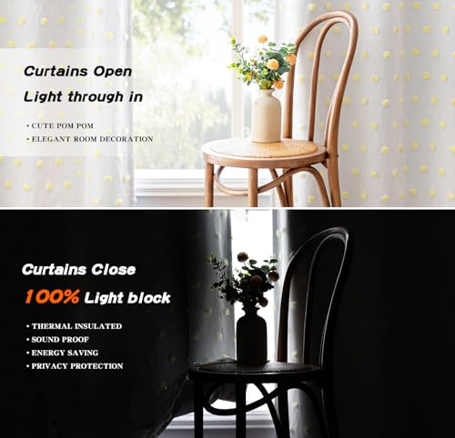 100% Blackout Curtains for Nursery Thermal Insulated Yellow Pom Pom Curtains 63 Inch Length for Girls Bedroom 2 Panels Grommet White Sheer Curtains for Dining Room (2 Count)