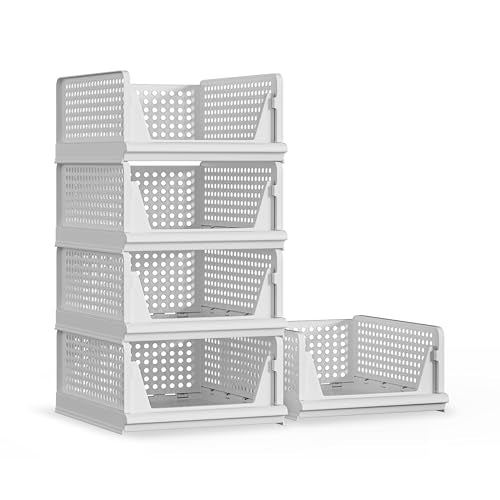 5 Pack Stackable Plastic Storage Basket Closet Organizer Bin Foldable Clothes Organizer Storage Drawer Shelf Container for Living Room Bathroom Kitchen Office Laundry Room 5L (5 Count)
