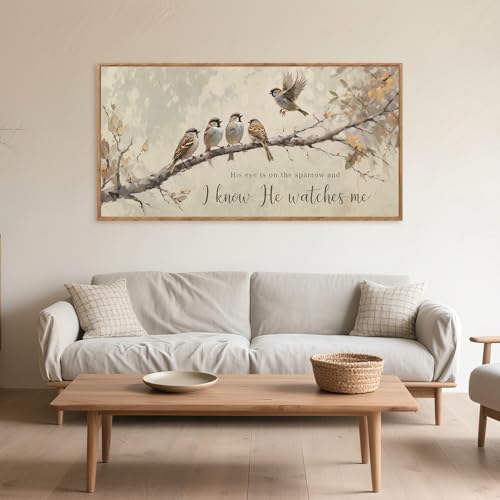 His Eye Is On The Sparrow Framed Canvas Wall Art 40x20 Inch