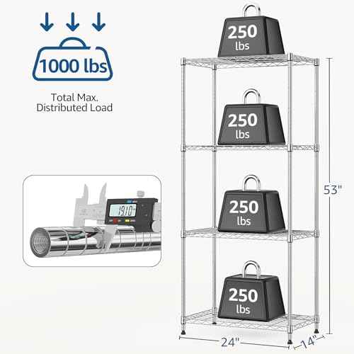 1000 lbs 4Tier Shelf Metal Storage Shelves Wire Rack Closet Organizers with Wheel for Garage Kitchen Bathroom Laundry Chrome 13.7" D x 23.6" W x 53.4" H (4 Count)