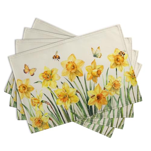 Spring Daffodils Placemats Set of 4 Watercolor Yellow Flower Table Mats Summer Farmhouse Floral Heat Resistant Washable Placemat for Party Kitchen Dining Table Decor Indoor Outdoor 12x18 Inch (4 Count)